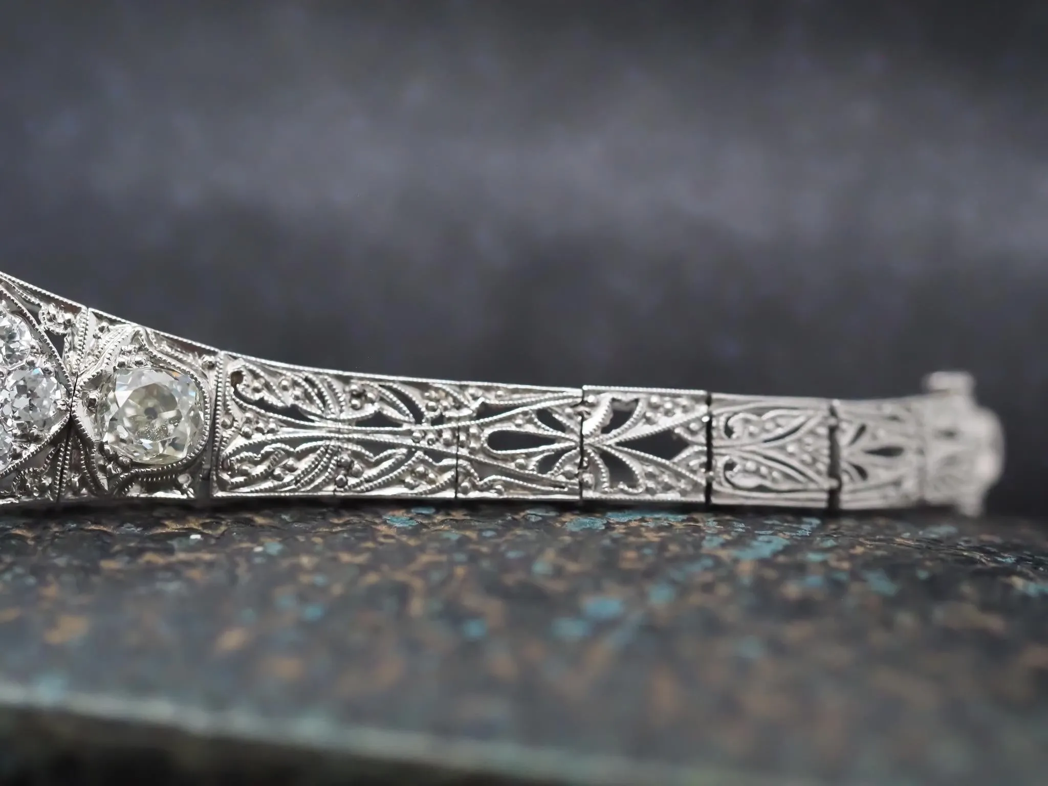 Circa 1920s Platinum Art Deco Old European Diamond and Emerald Bracelet