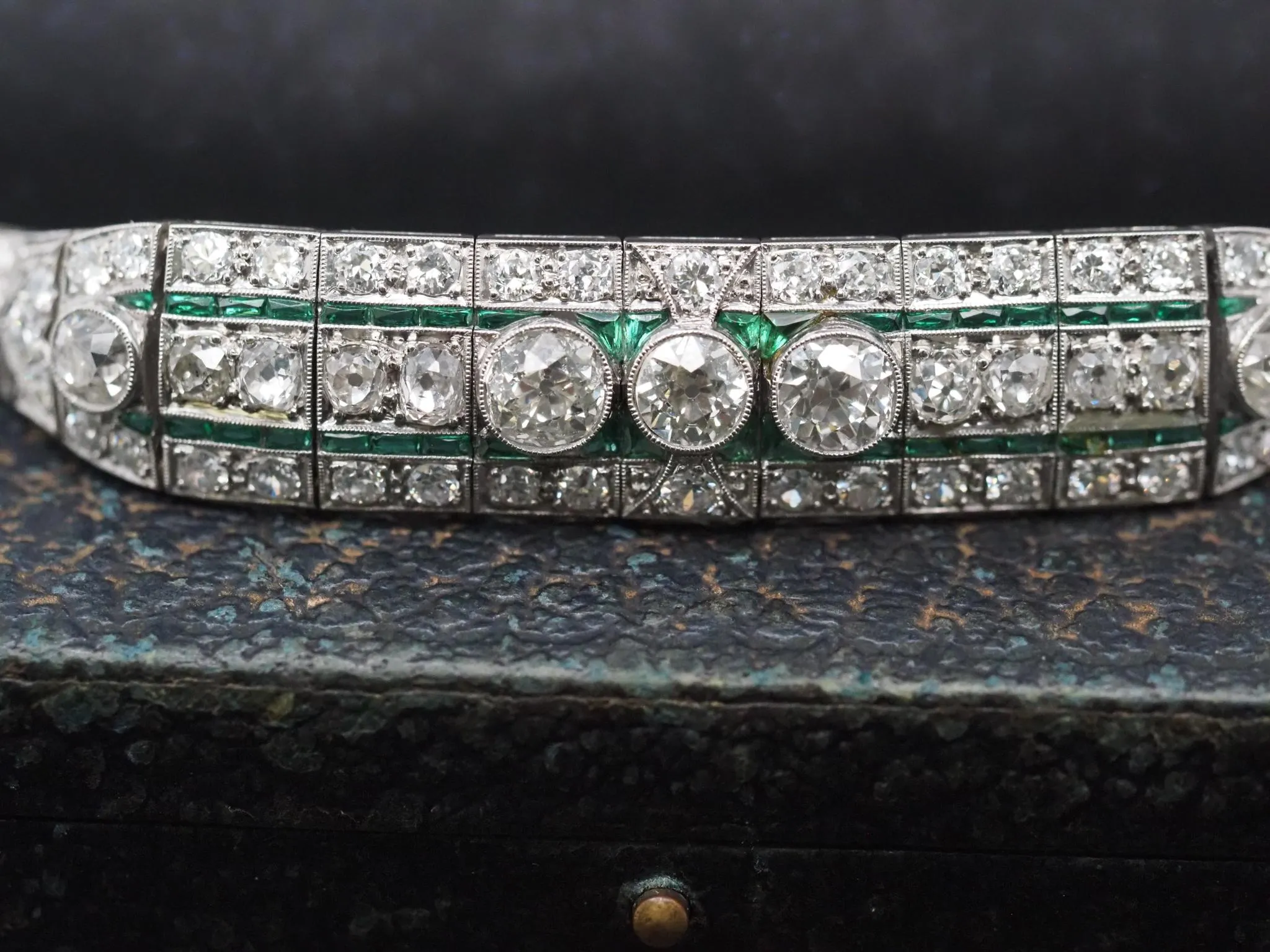 Circa 1920s Platinum Art Deco Old European Diamond and Emerald Bracelet
