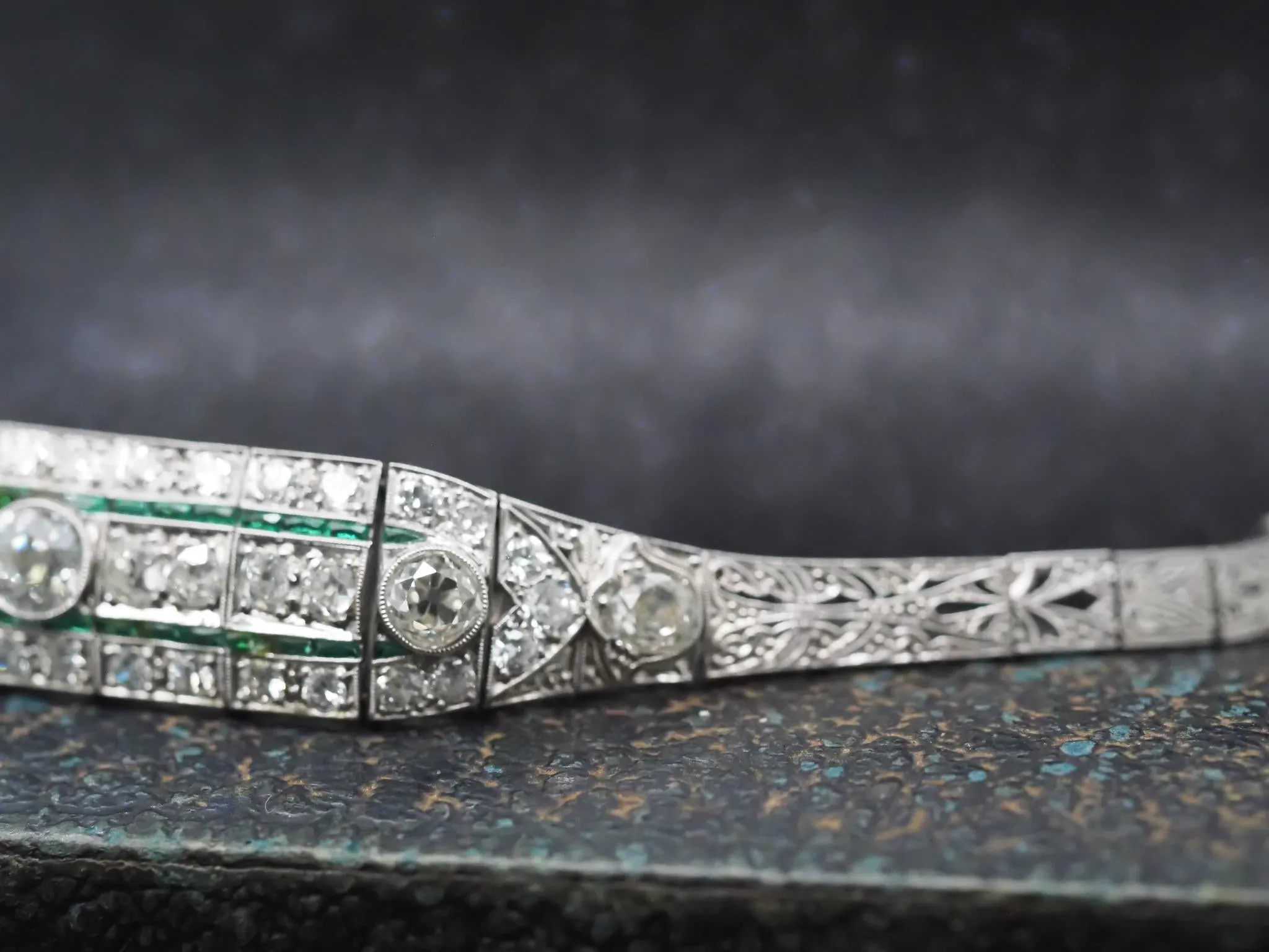 Circa 1920s Platinum Art Deco Old European Diamond and Emerald Bracelet
