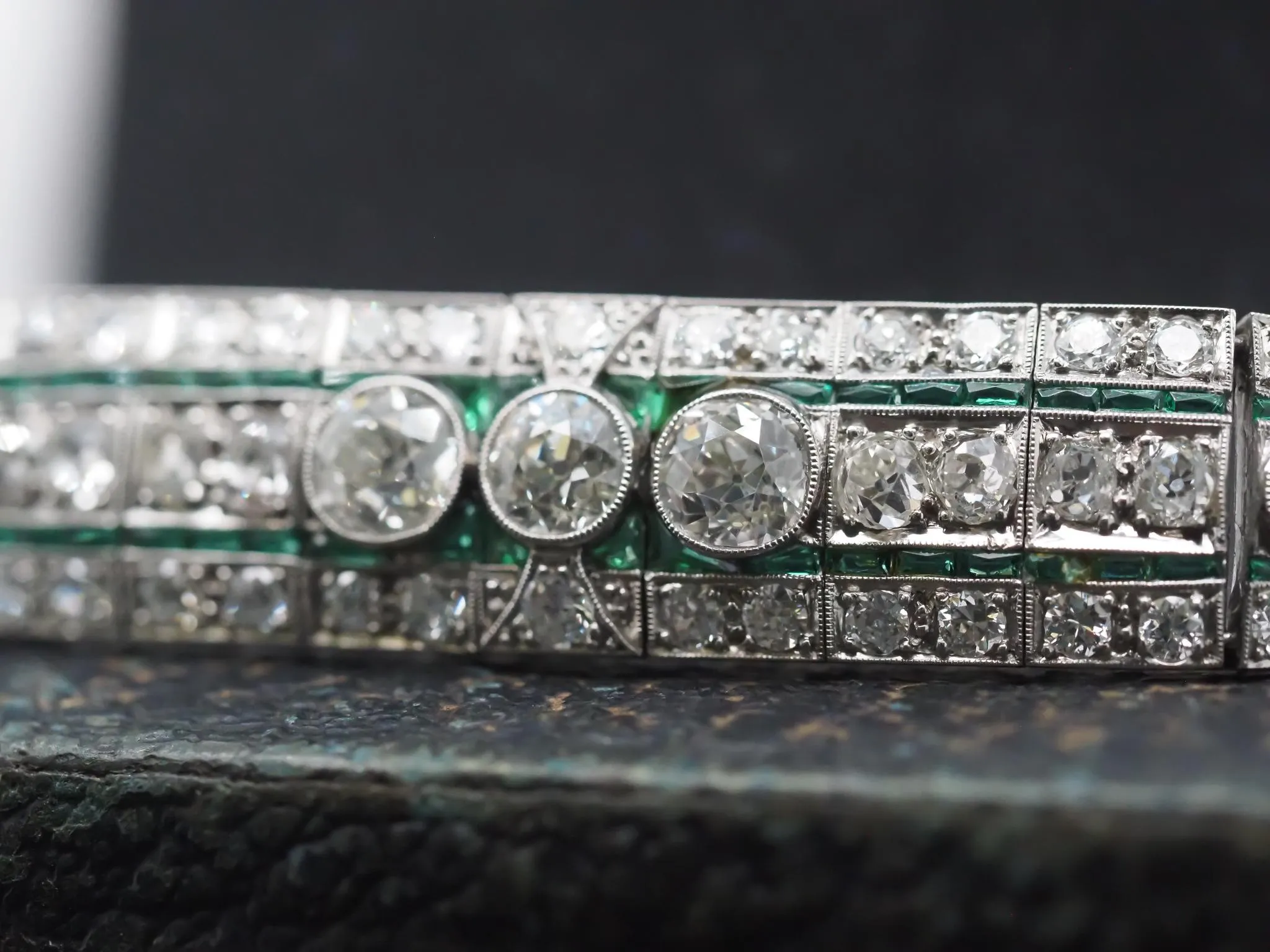 Circa 1920s Platinum Art Deco Old European Diamond and Emerald Bracelet