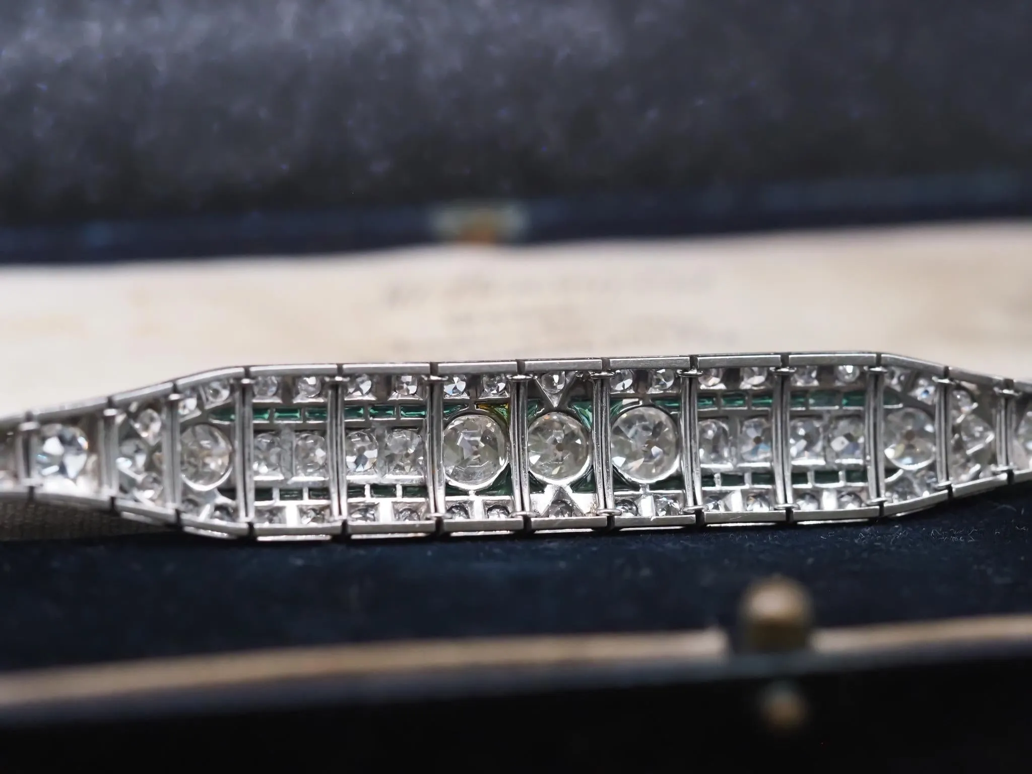 Circa 1920s Platinum Art Deco Old European Diamond and Emerald Bracelet