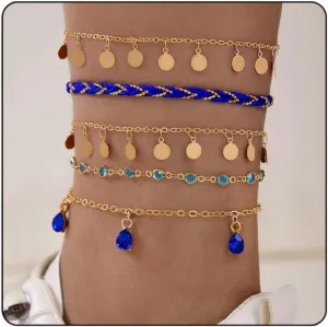 CJIAYUJEW Waterproof Gold Ankle Bracelets for Women,Women's Charm Anklet Set 14k Gold Plated Multilayer Ankle,Glittering Rhinestone Heart Butterfly Starfish Shells Cherries Snakes Pendant Anklets