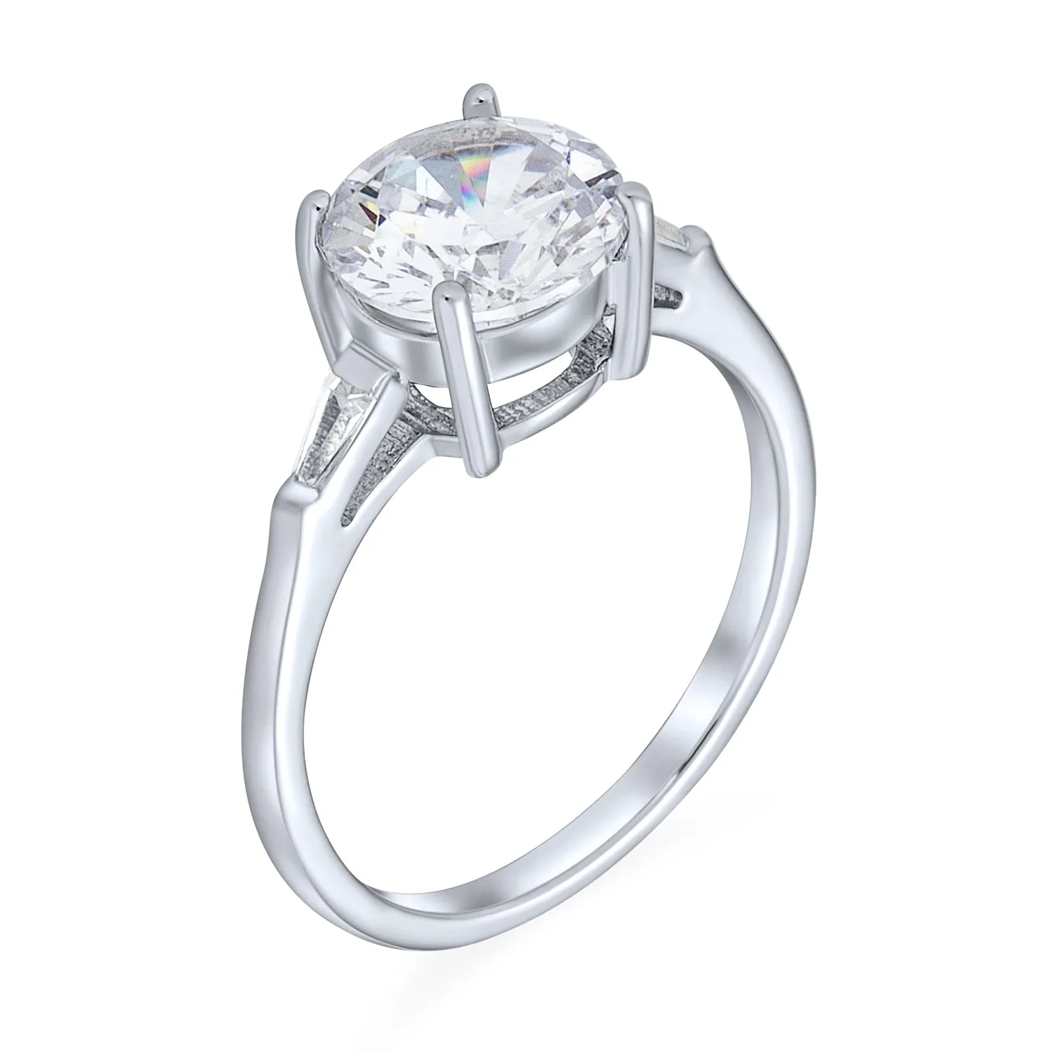 Classic 3CT Round CZ Solitaire Engagement Ring with Baguette Side Stones Silver