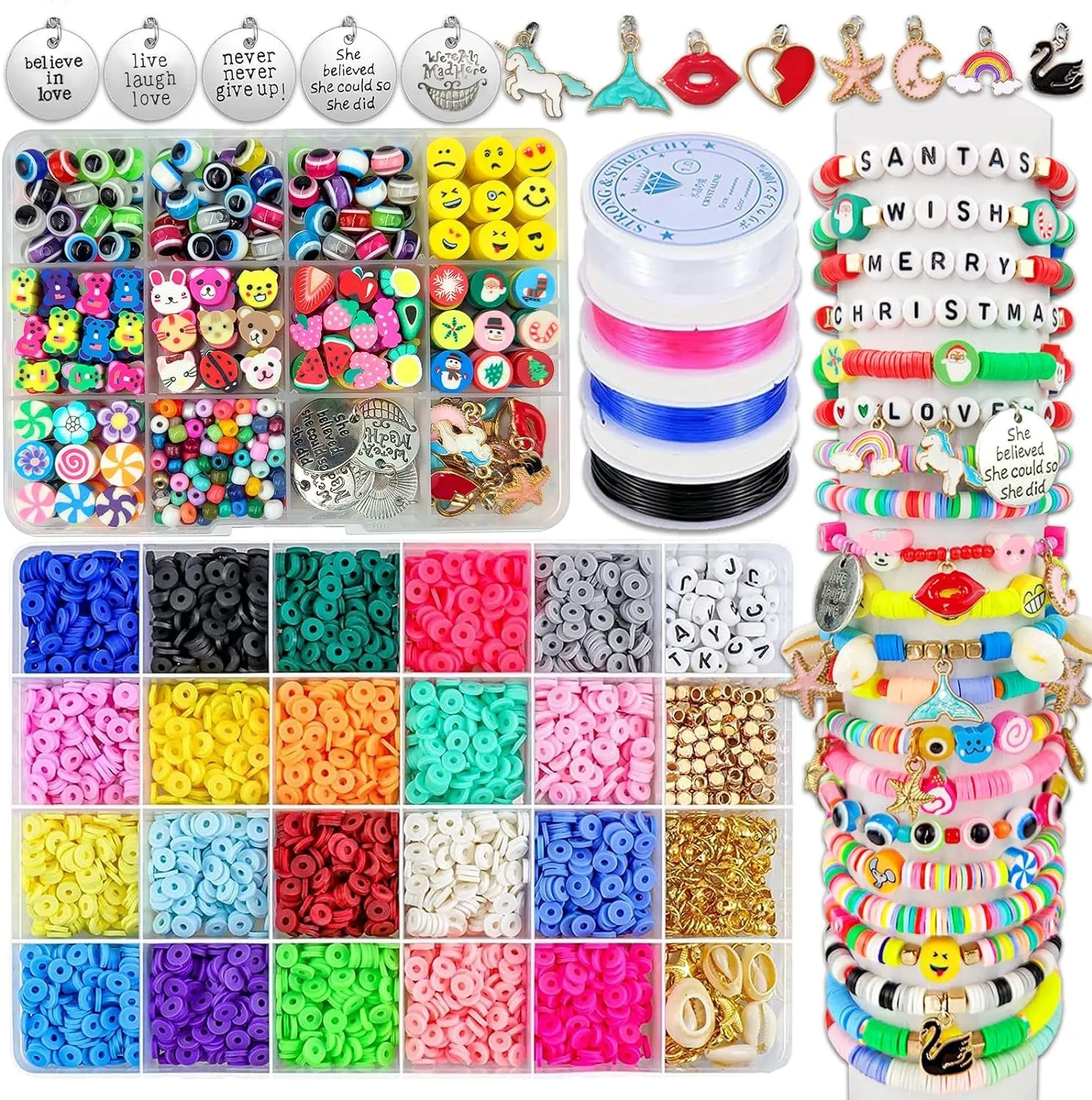 Clay Beads Bracelet Making Kit,Flat round 6Mm Clay Beads for Jewelry Making with Pendant Charms Kit,Art Crafts Gift Sets for Girls Ages 3 4 5 6 7 8 9 10 11 12