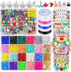 Clay Beads Bracelet Making Kit,Flat round 6Mm Clay Beads for Jewelry Making with Pendant Charms Kit,Art Crafts Gift Sets for Girls Ages 3 4 5 6 7 8 9 10 11 12