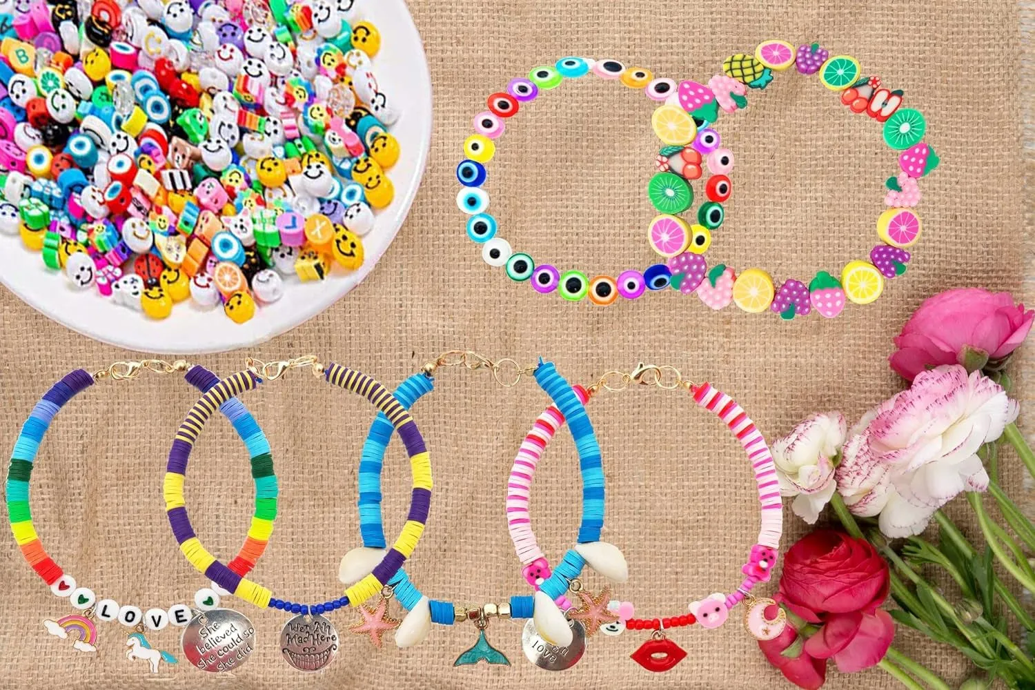 Clay Beads Bracelet Making Kit,Flat round 6Mm Clay Beads for Jewelry Making with Pendant Charms Kit,Art Crafts Gift Sets for Girls Ages 3 4 5 6 7 8 9 10 11 12