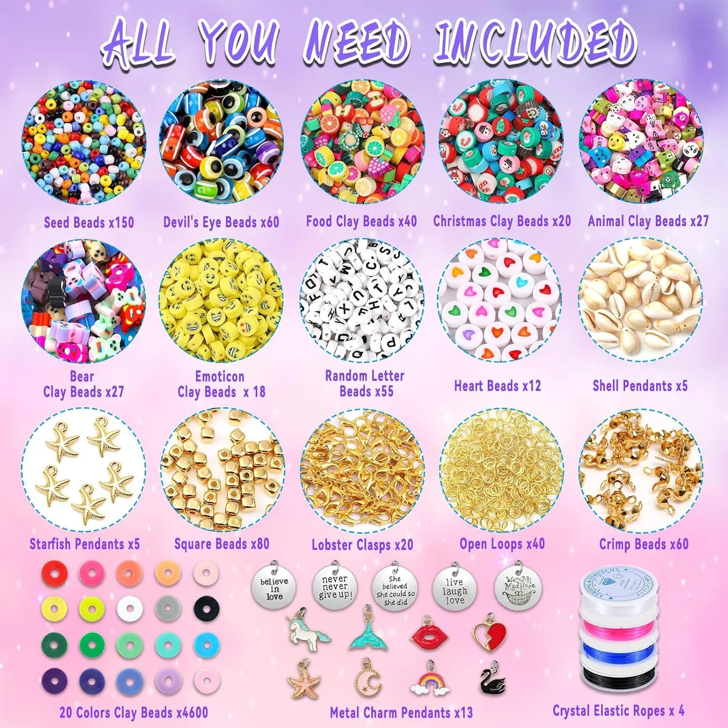Clay Beads Bracelet Making Kit,Flat round 6Mm Clay Beads for Jewelry Making with Pendant Charms Kit,Art Crafts Gift Sets for Girls Ages 3 4 5 6 7 8 9 10 11 12