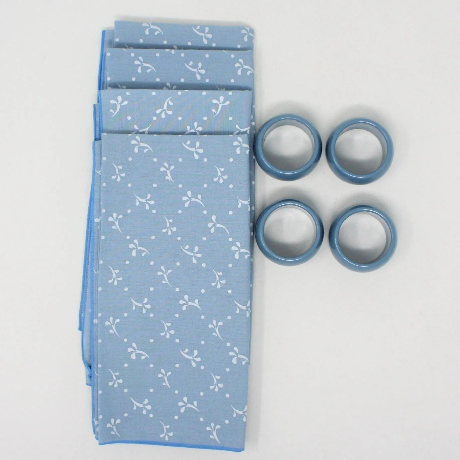 Cloth Dinner Napkins with Rings, Printed Blue & White, Set of 4