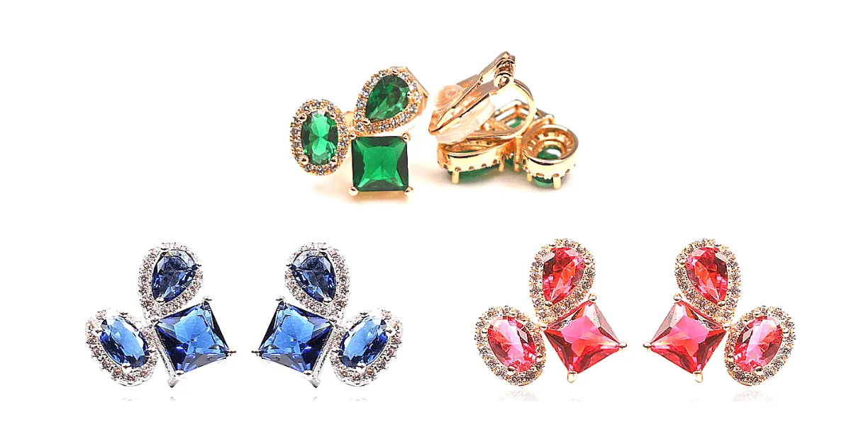 Colorful CZ Cubic Zirconia Gold Clip On Earrings