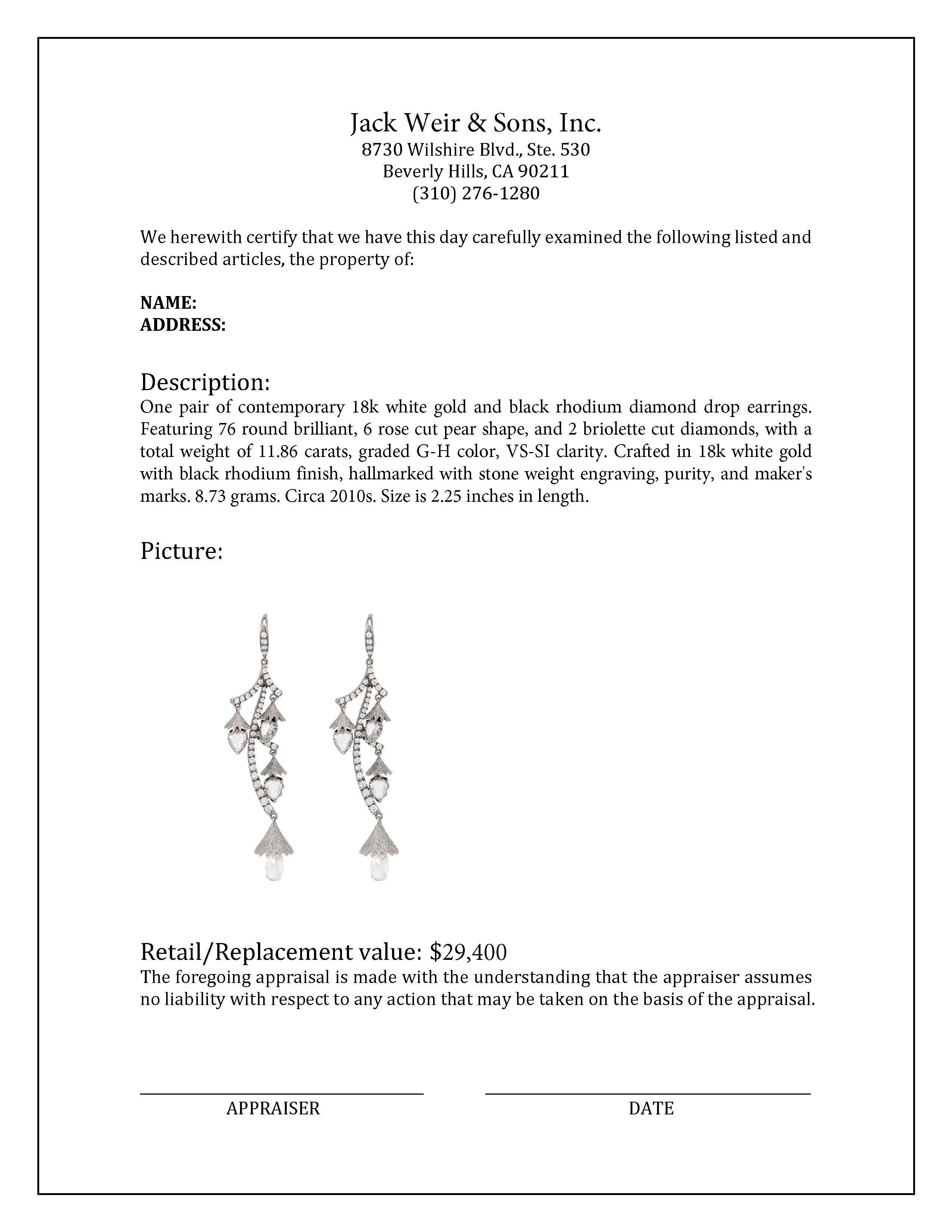 Contemporary 11.86 carat diamond 18k white gold drop earrings