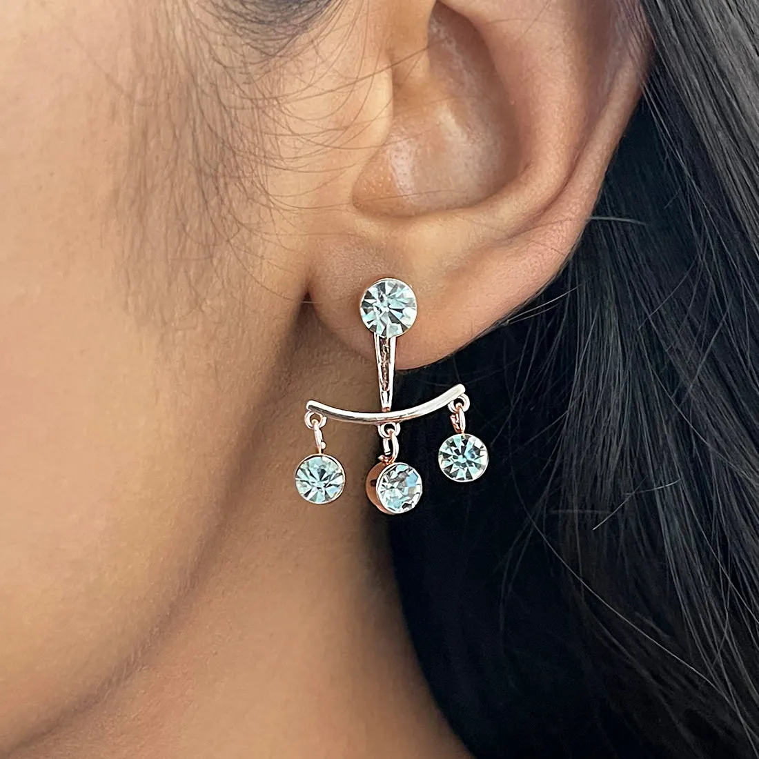 CONTEMPORARY WHITE DIAMANTE CRYSTAL STUDDED ROSE GOLD-TONED SHORT DROP EARRINGS