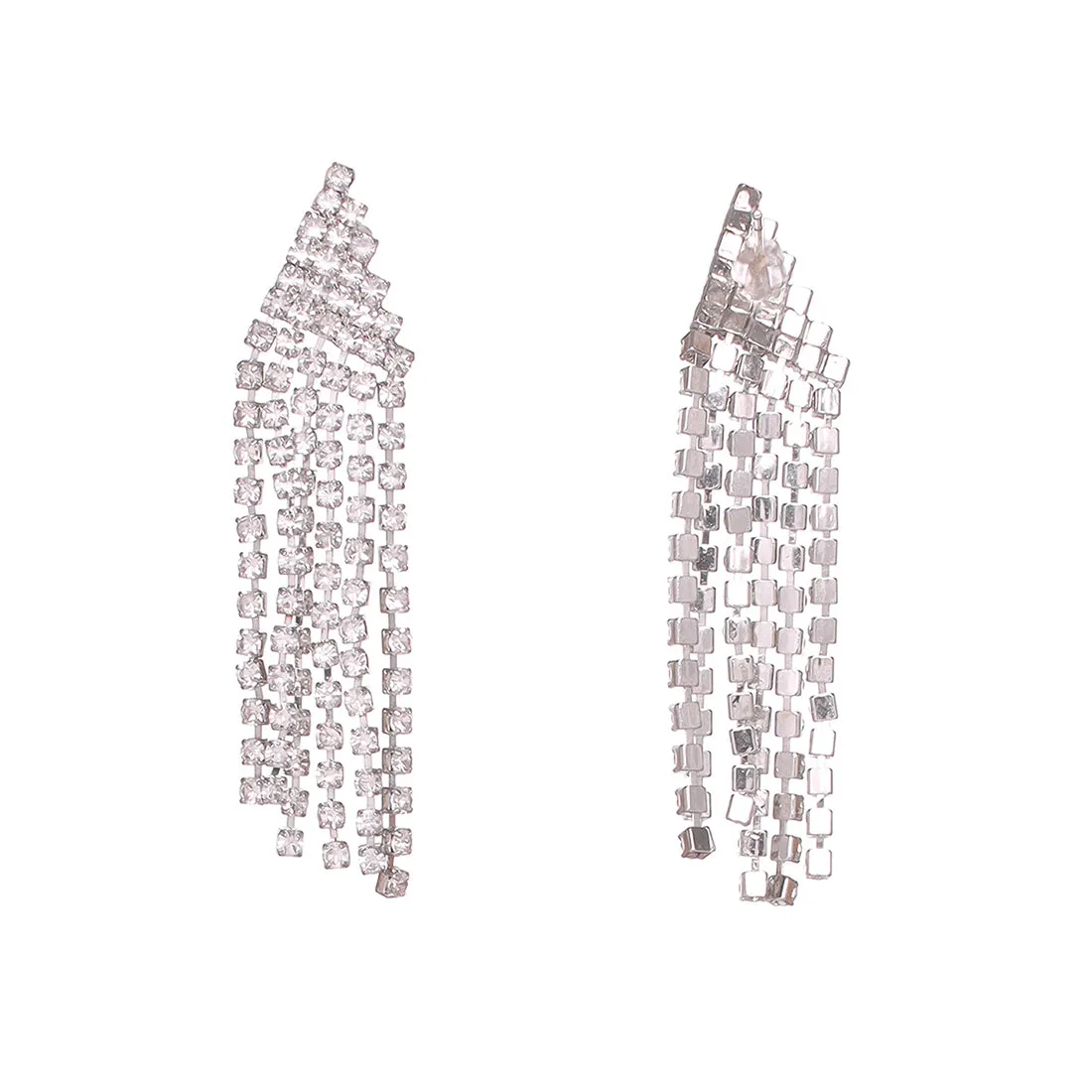 Contemporary White Diamante Crystal Studded Silver -Toned Triangular Tassel Drop Earrings
