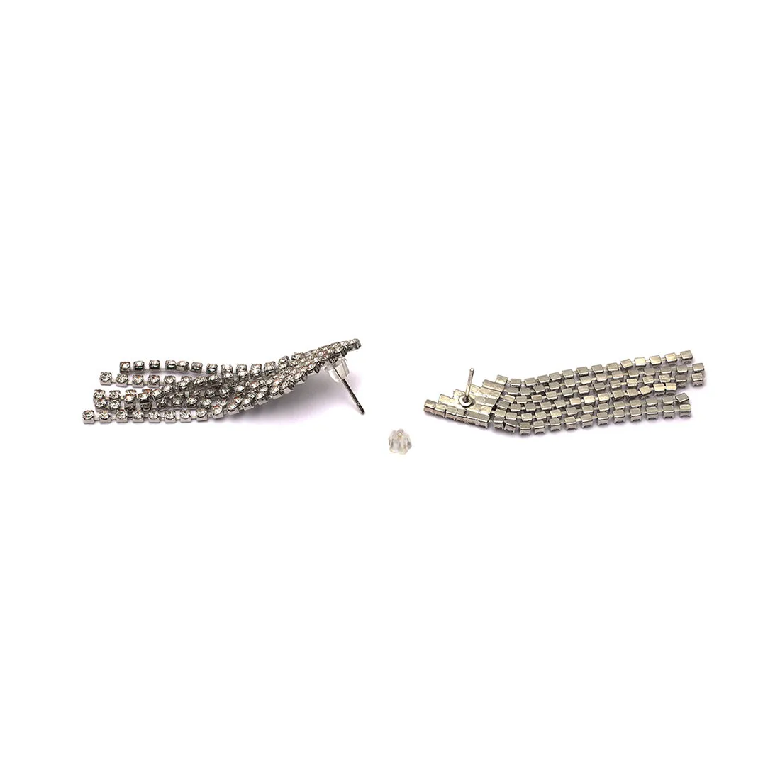 Contemporary White Diamante Crystal Studded Silver -Toned Triangular Tassel Drop Earrings