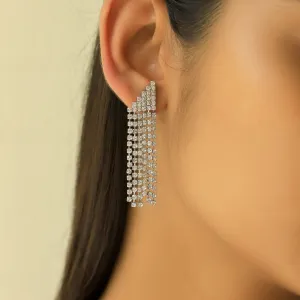 Contemporary White Diamante Crystal Studded Silver -Toned Triangular Tassel Drop Earrings