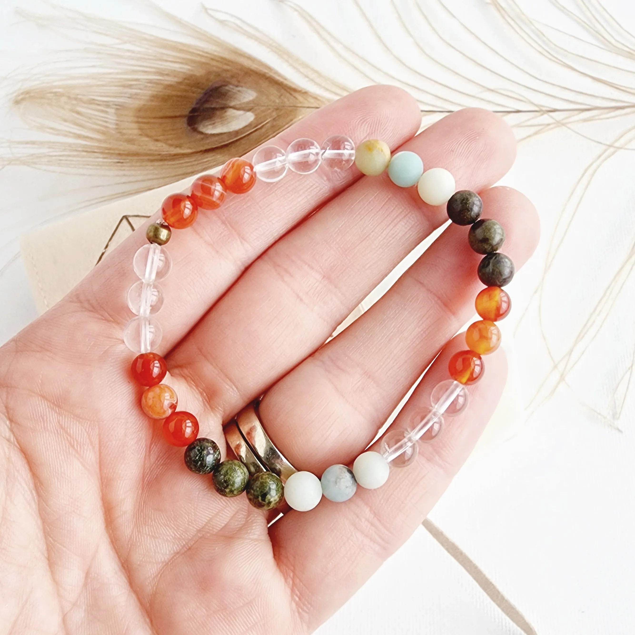 CREATIVITY & INSPIRATION intention bracelet for focus, personal growth, new ideas - Clear Quartz, Carnelian, Dragon Bloodstone, Amazonite / 6mm