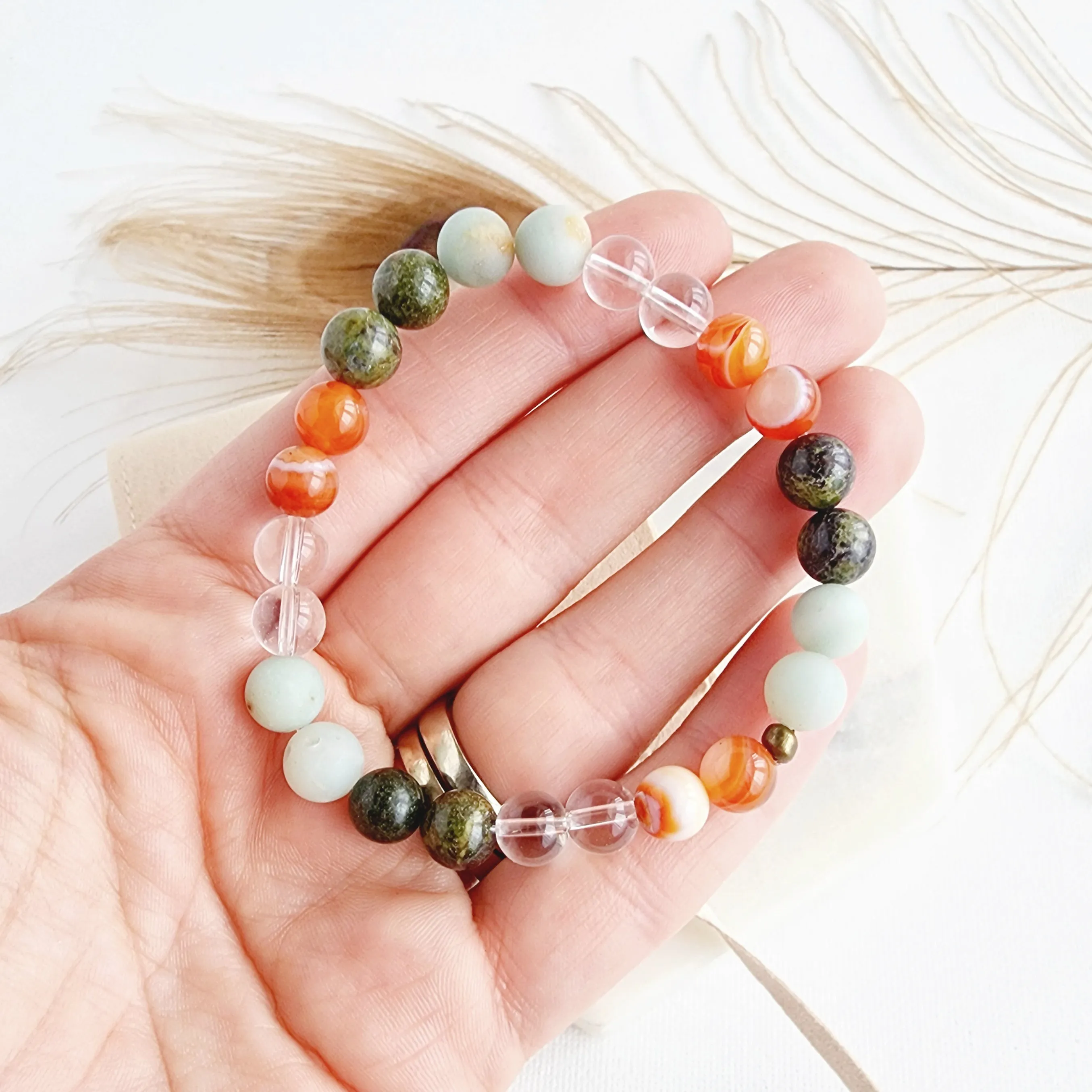 CREATIVITY & INSPIRATION intention bracelet for focus, personal growth, new ideas - Clear Quartz, Carnelian, Dragon Bloodstone, Amazonite / 8mm