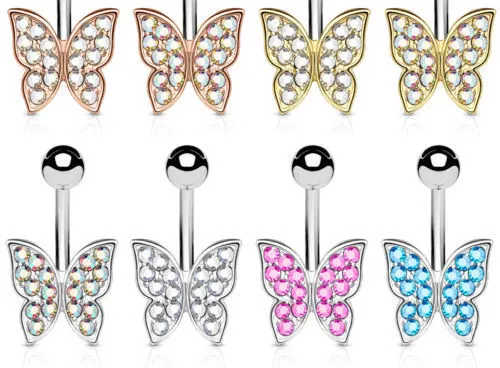 Crystal Paved Butterfly Belly Ring 316L Surgical Steel Navel Naval
