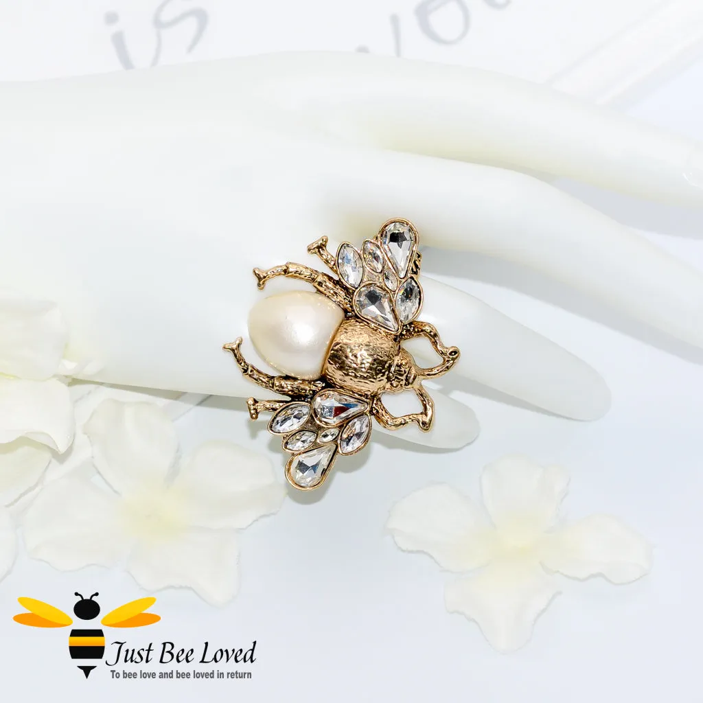 Crystals & Pearl Bee Double Finger Statement Ring