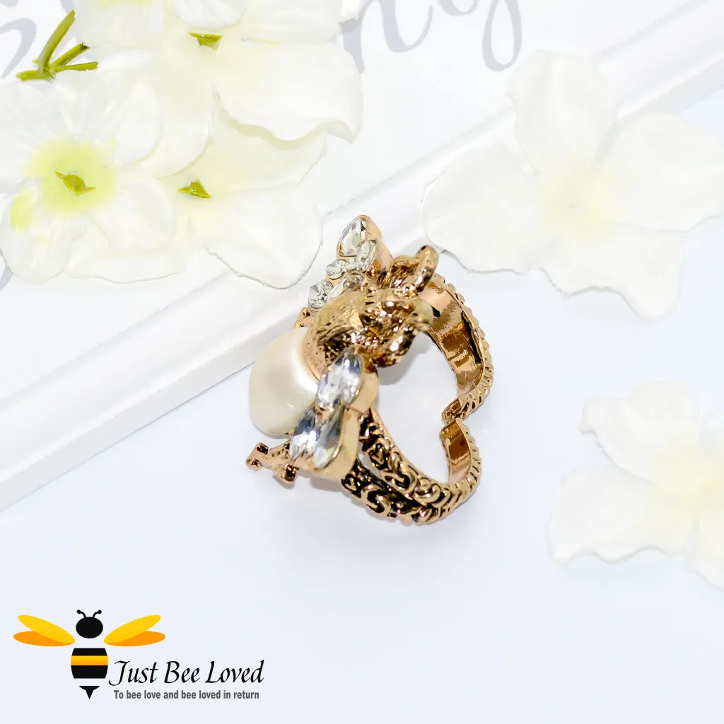 Crystals & Pearl Bee Double Finger Statement Ring