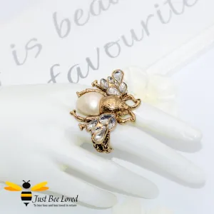 Crystals & Pearl Bee Double Finger Statement Ring