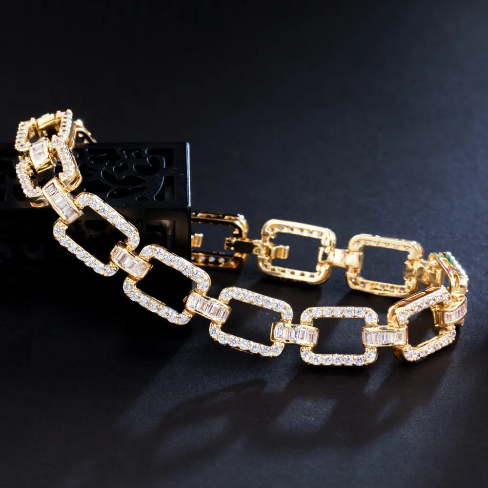 Cubic Zirconia Gold Plated Square Link Chain Tennis Bracelets