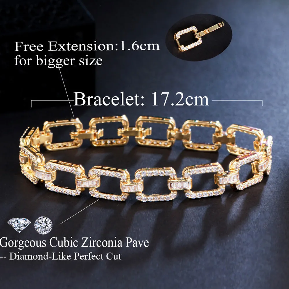 Cubic Zirconia Gold Plated Square Link Chain Tennis Bracelets