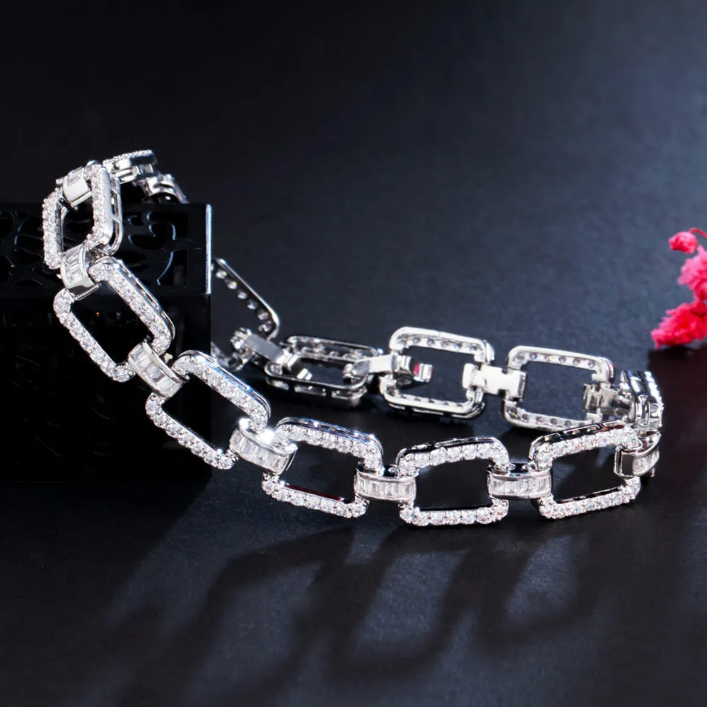 Cubic Zirconia Gold Plated Square Link Chain Tennis Bracelets