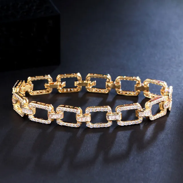 Cubic Zirconia Gold Plated Square Link Chain Tennis Bracelets
