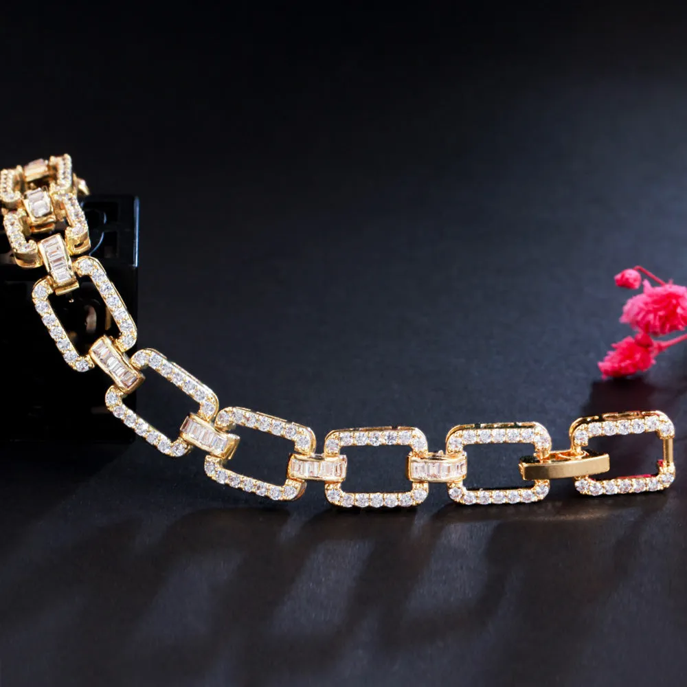 Cubic Zirconia Gold Plated Square Link Chain Tennis Bracelets