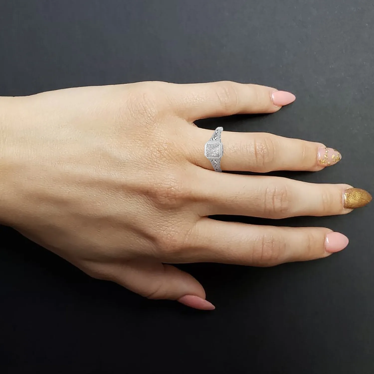 Cushion Cut Diamond in Engraved Gold Ring