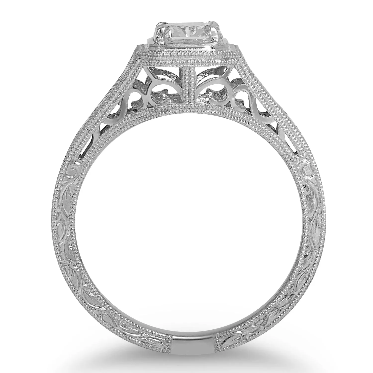 Cushion Cut Diamond in Engraved Gold Ring