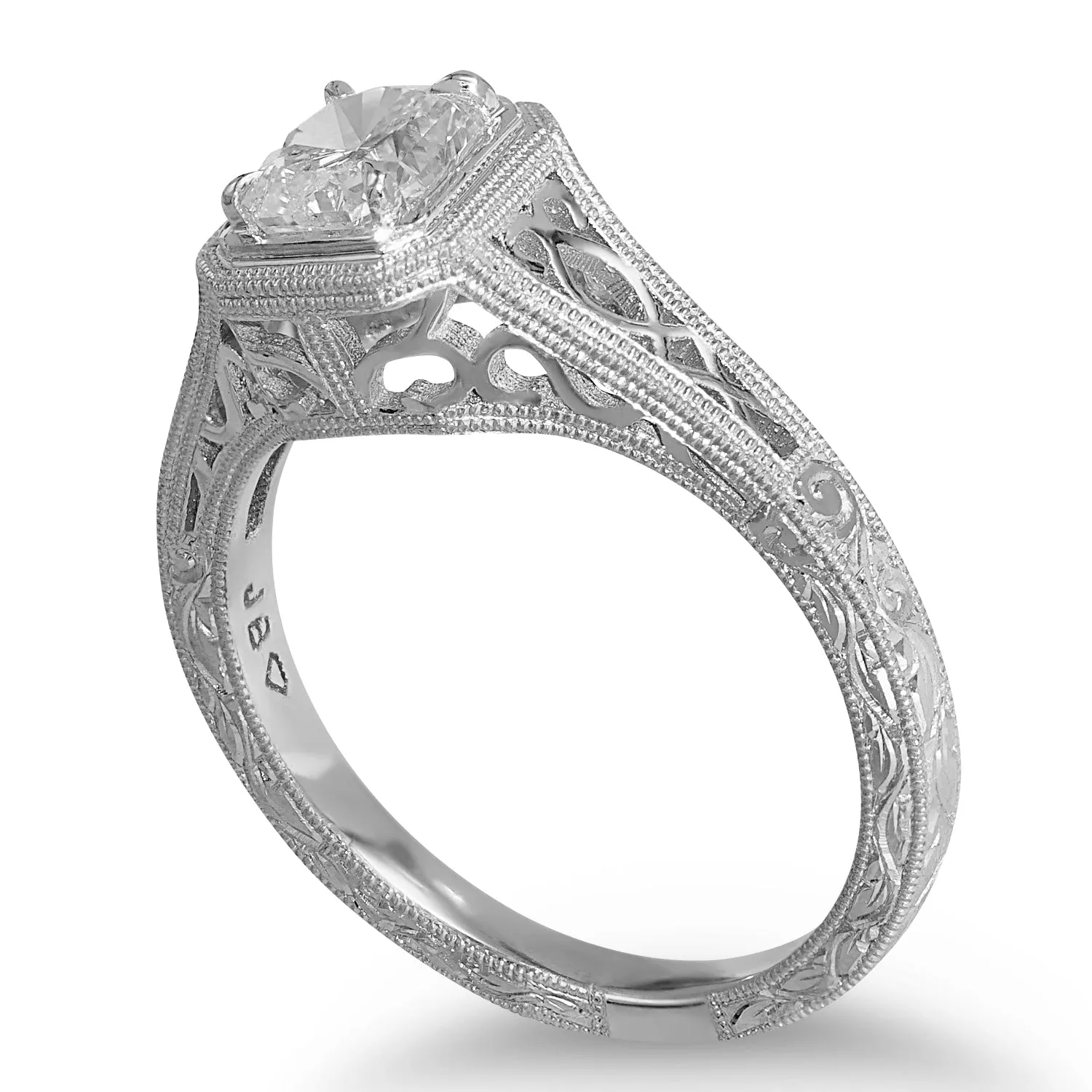Cushion Cut Diamond in Engraved Gold Ring
