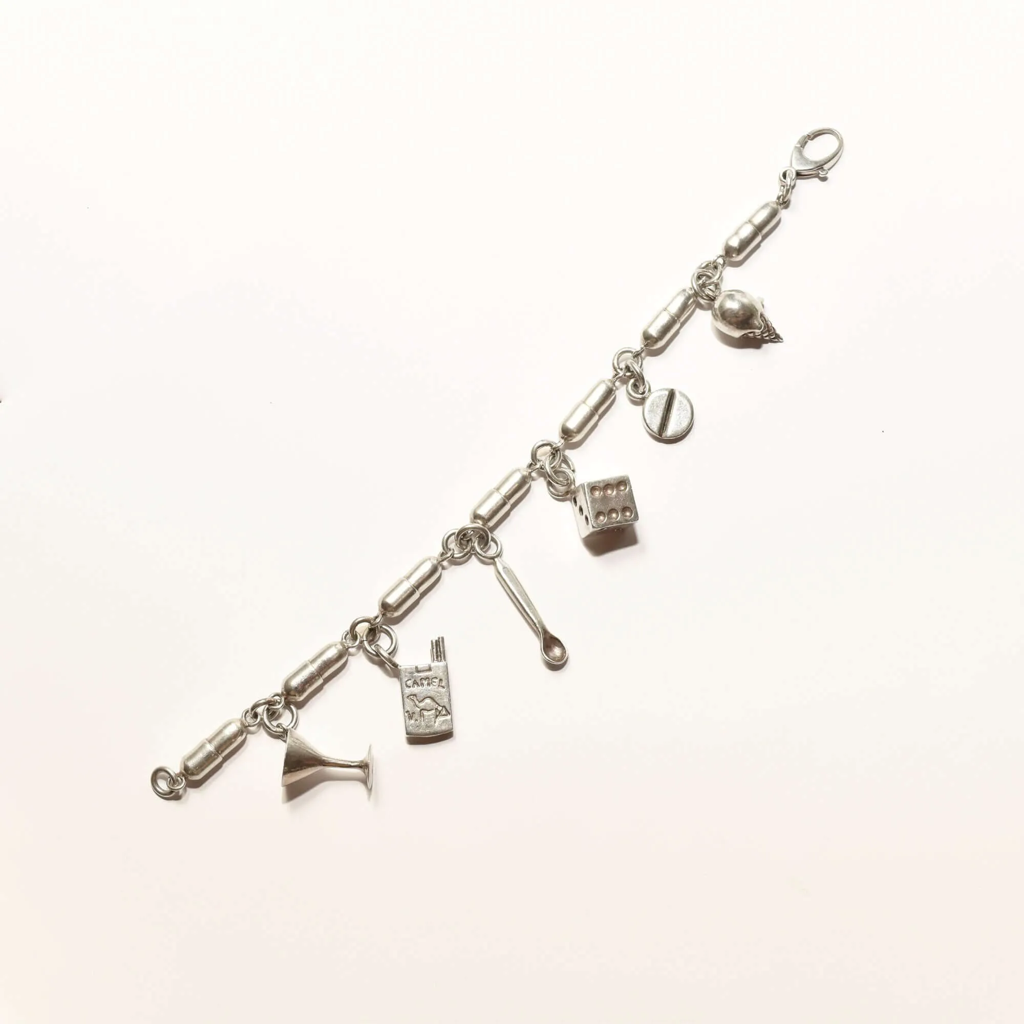 Damien Hirst Style Sterling Silver Pill Link "Vices" Charm Bracelet, Estate Jewelry, 8.25"