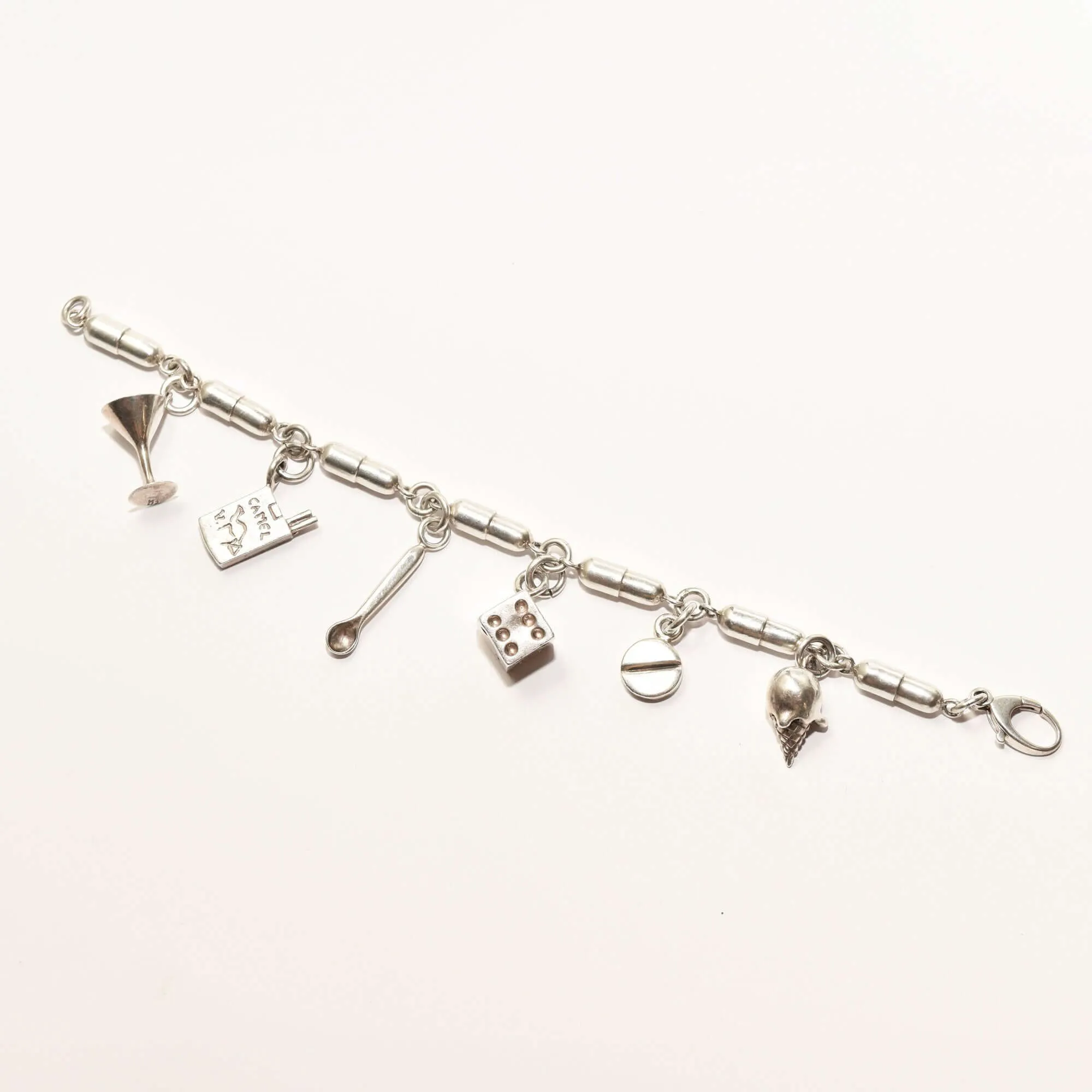 Damien Hirst Style Sterling Silver Pill Link "Vices" Charm Bracelet, Estate Jewelry, 8.25"