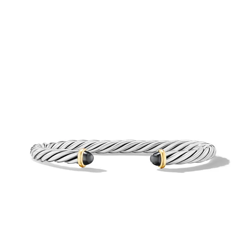 David Yurman Cable Cuff Sterling Silver with 14K Yellow Gold and Hematine 6mm Bracelet - Small
