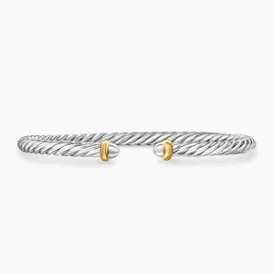 David Yurman Cable Flex Sterling Silver with 14K Yellow Gold 4mm Cuff Bracelet - Medium