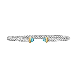 David Yurman Cable Flex Sterling Silver with 14K Yellow Gold and Blue Topaz 4mm Bracelet - Large