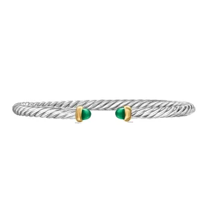 David Yurman Cable Flex Sterling Silver with 14K Yellow Gold and Green Onyx 4mm Cuff Bracelet - Medium