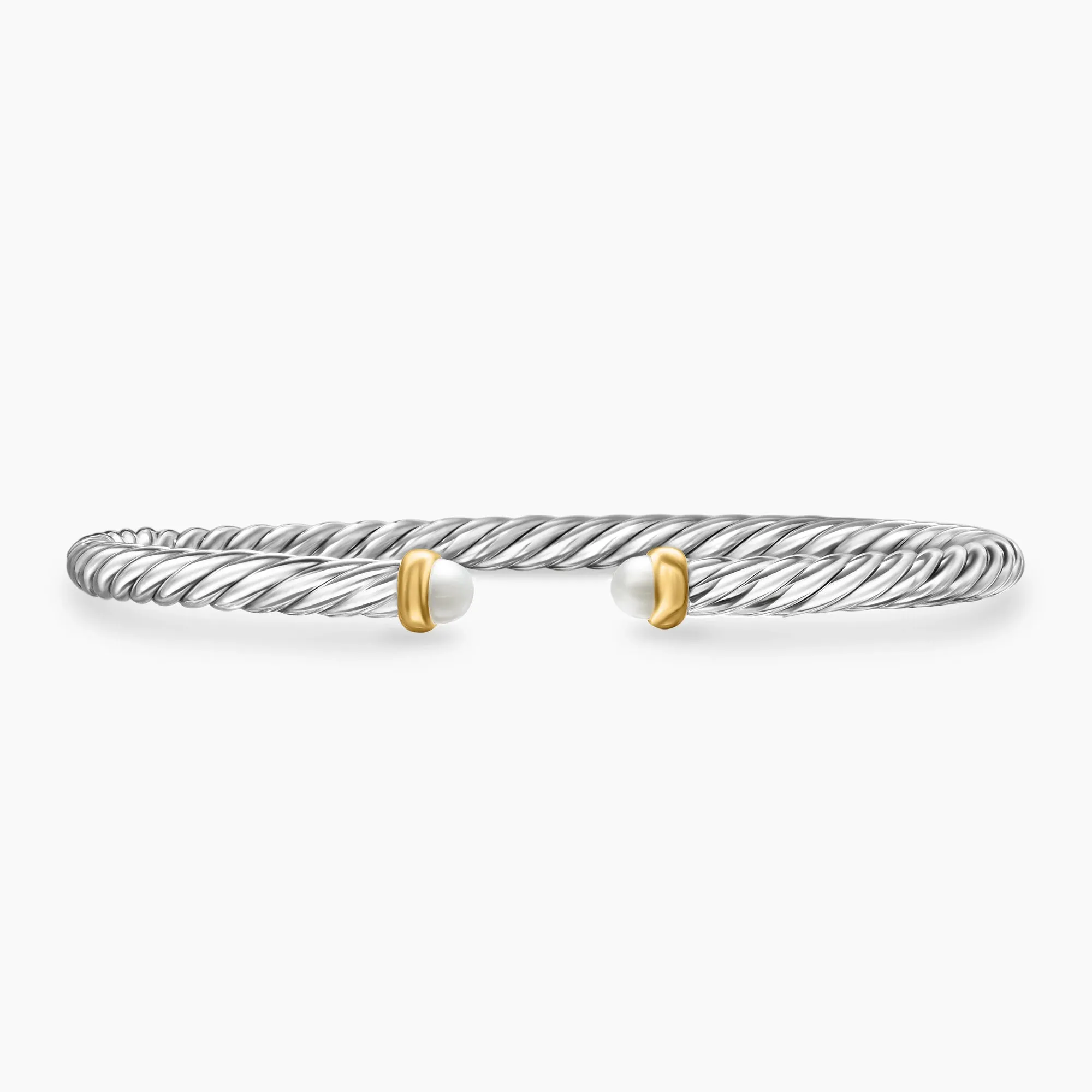 David Yurman Cable Flex Sterling Silver with 14K Yellow Gold and Pearl 4mm Cuff Bracelet - Medium