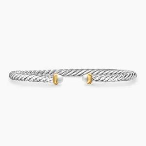 David Yurman Cable Flex Sterling Silver with 14K Yellow Gold and Pearl 4mm Cuff Bracelet - Medium