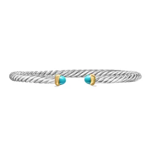 David Yurman Cable Flex Sterling Silver with 14K Yellow Gold and Turquoise 4mm Cuff Bracelet - Medium