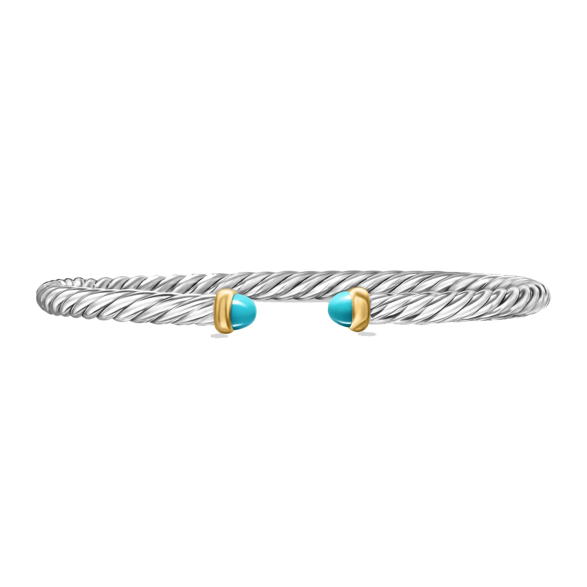 David Yurman Cable Flex Sterling Silver with 14K Yellow Gold and Turquoise 4mm Cuff Bracelet - Medium