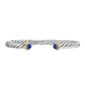 David Yurman Cable Sterling Silver with 14K Yellow Gold and Lapis 6mm Cuff Bracelet - Medium