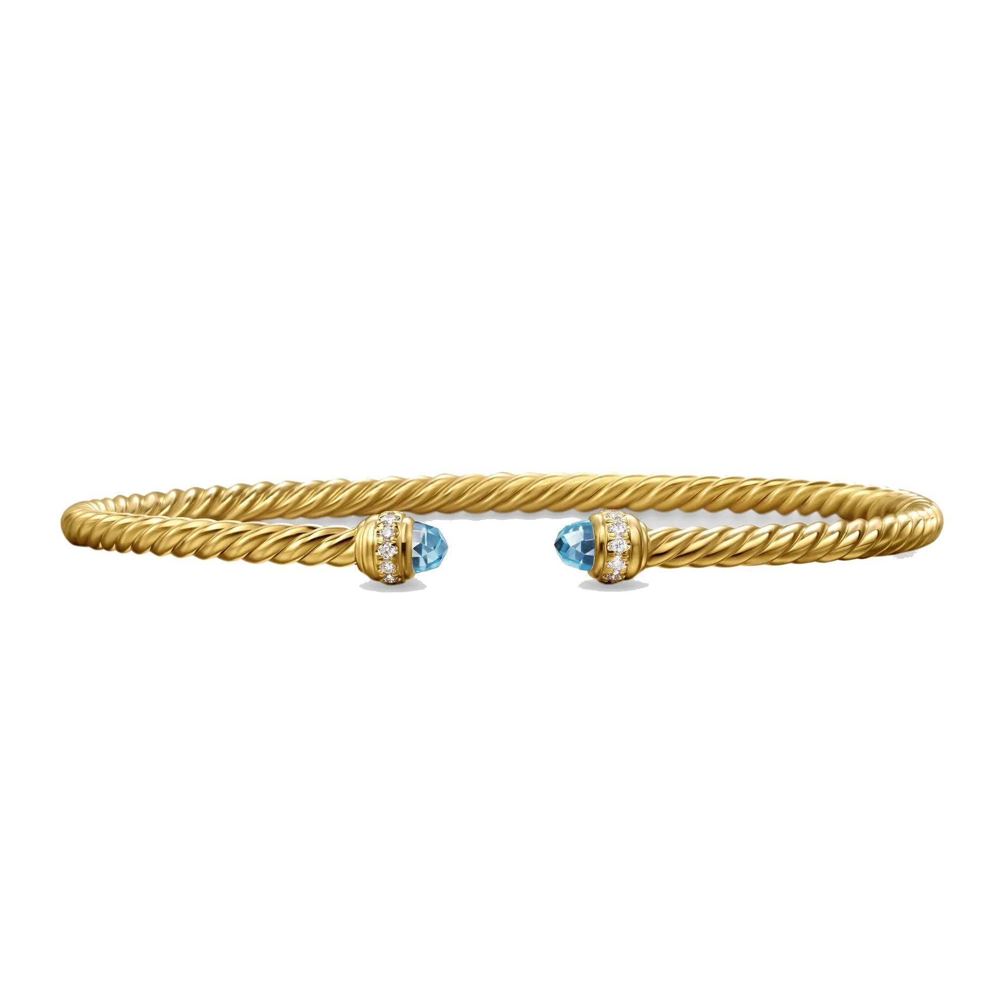 David Yurman Classic Cablespira 18K Yellow Gold with Blue Topaz and Diamonds 3mm Cuff Bracelet - Medium