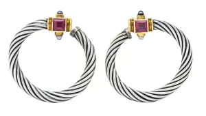 David Yurman Rhodolite Garnet Iolite Sterling Silver 14 Karat Gold Earrings