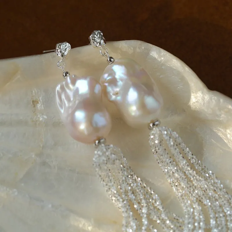 Dazzling Baroque Silver Chain Tassel Drop Earrings