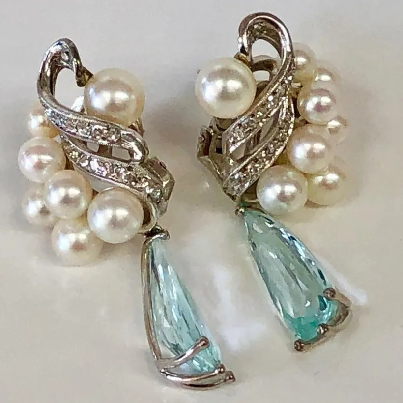Diamond, Pearl, & Aquamarine Earrings