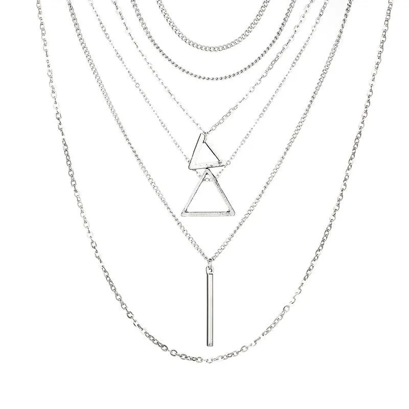 Double Triangle Multilayer Necklace with 6 Layers of Elegant Zinc Alloy Chains