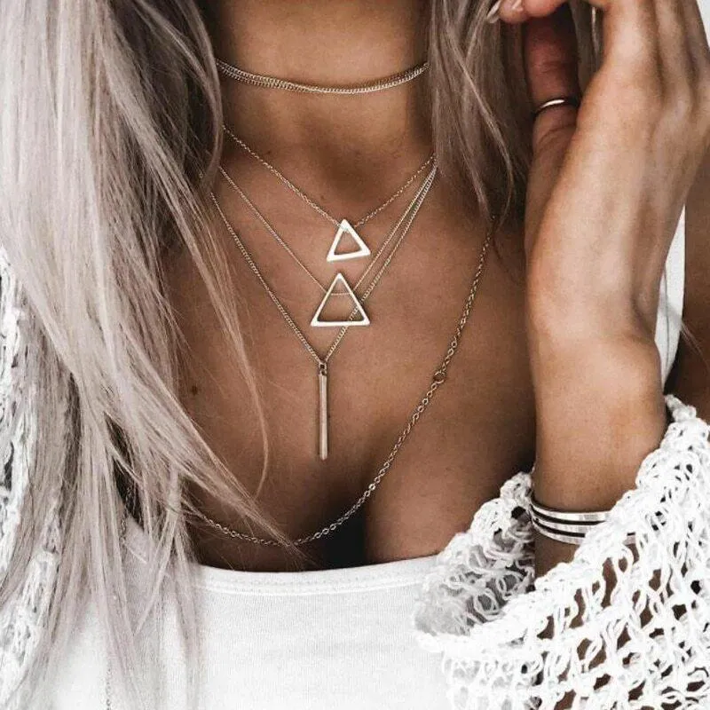 Double Triangle Multilayer Necklace with 6 Layers of Elegant Zinc Alloy Chains