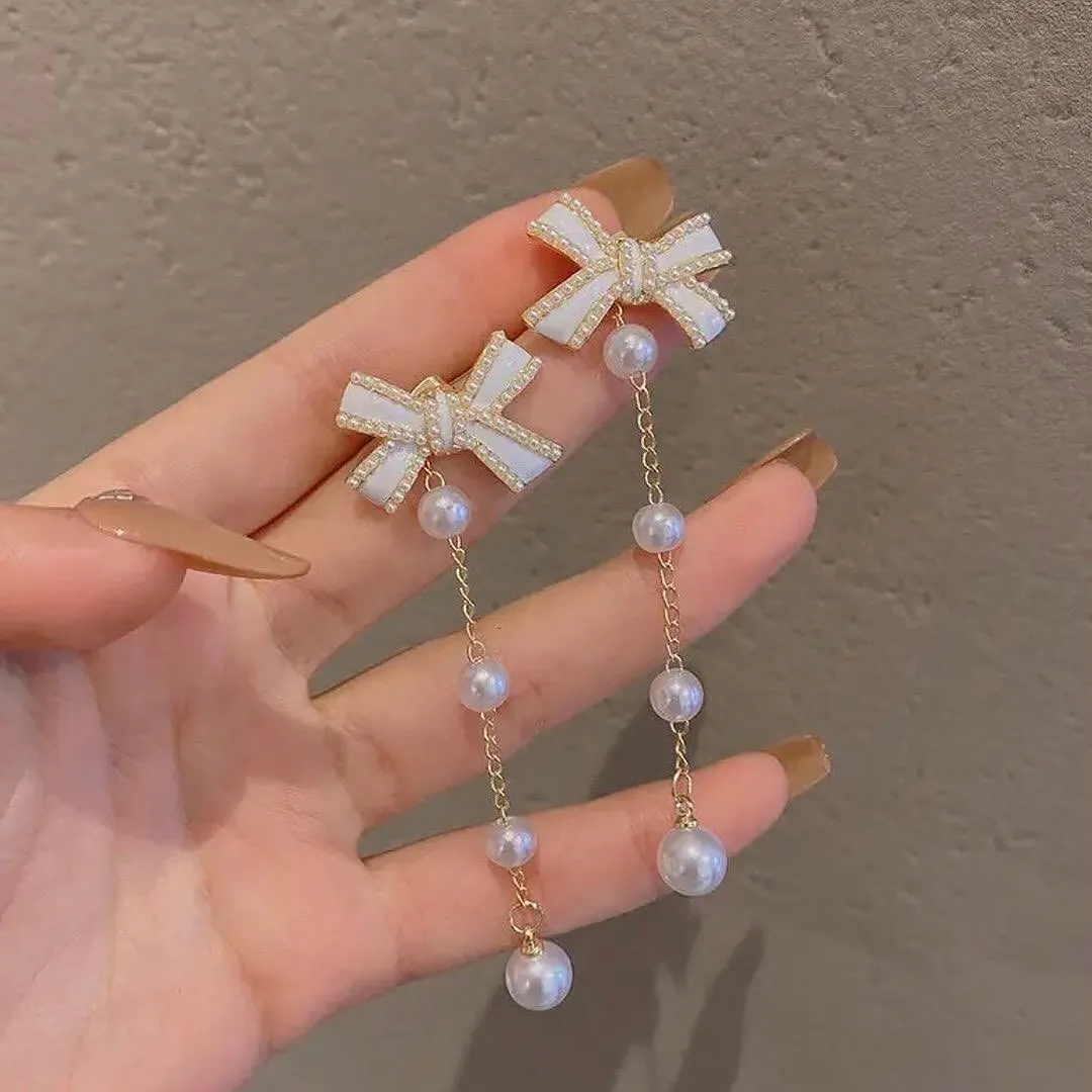 Elegant Bow Pearl Tassel Long Earrings Luxury Jewelry Fashion Drop Earrings Pair